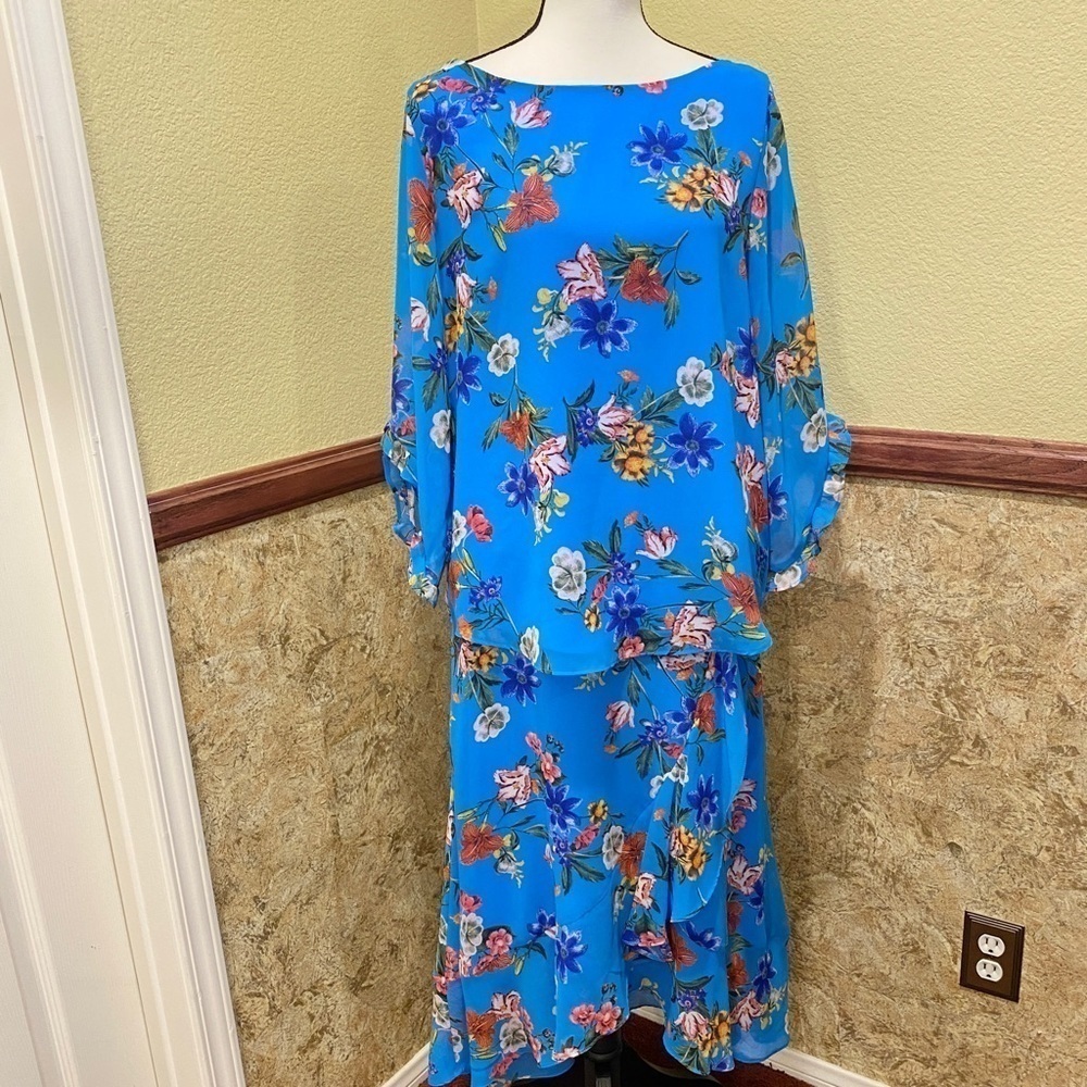 Calvin Klein NWT Set, Top Sz Med, Skirt Sz 10, Floral Ruffle Blue Semi Sheer